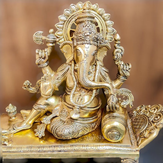 Handcrafted Brass Superfine Ganesha Statue on Diwan - 13" Height - Budhshiv.com