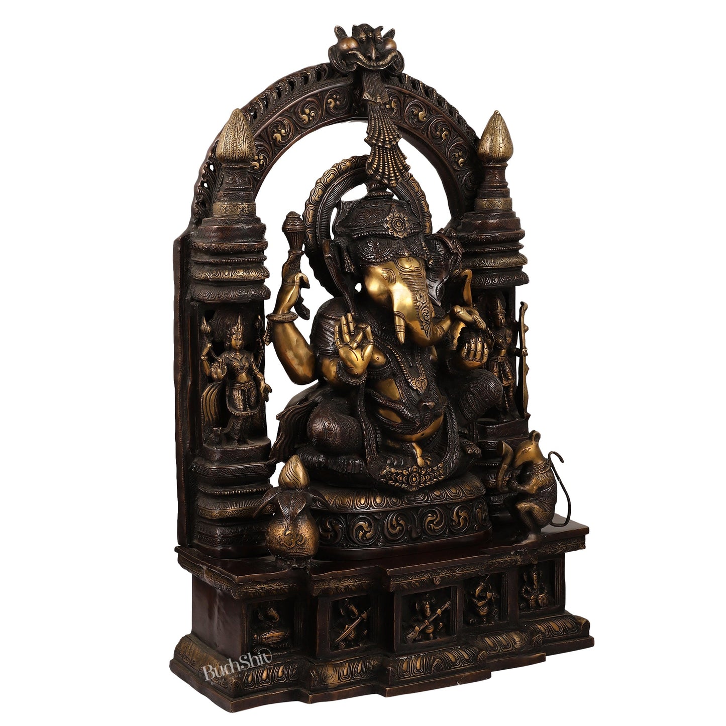 Handcrafted Brass Temple Ganesha Sculpture with Lakshmi and Saraswati | 33" Height - Budhshiv.com