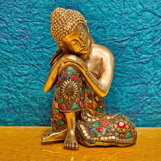 Handcrafted Brass Thinking Buddha Statue | Flora Meenakari Stonework | 9" x 6.5" x 5" - Budhshiv.com