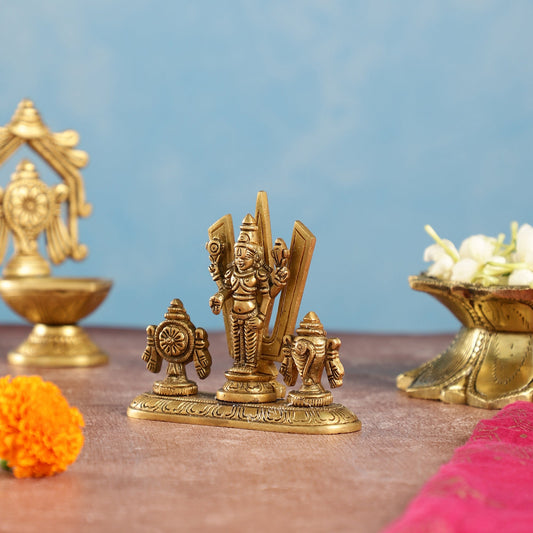 Handcrafted Brass Tirupati Balaji Idol | Shankh, Chakra, Namaha | 4 inch - Budhshiv.com