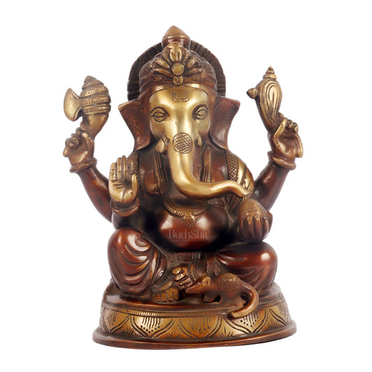 Handcrafted Fine Brass Ganesha Idol | Duel Tone Chocolate and Golden | Height 8 inches - Budhshiv.com