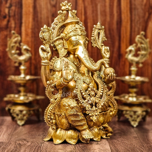 Handcrafted Fine Brass Ganesha Idol with Mouse and Detailed Jewelry 21" - Budhshiv.com