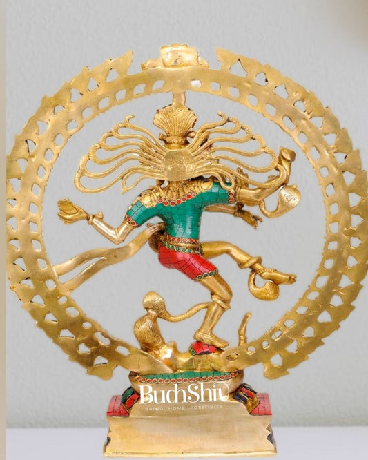 Handcrafted Fine Brass Nataraja Statue with Stonework - 20.5" Height - Budhshiv.com