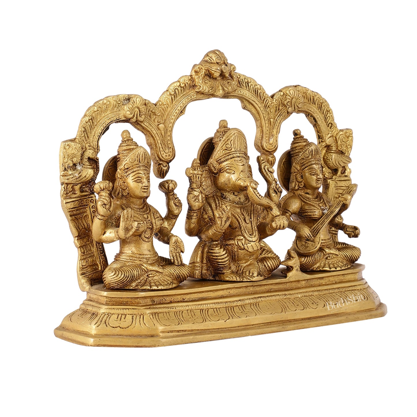 Handcrafted Ganesha Lakshmi Saraswati on Platform with Prabhavali Frame 7" antique finish - Budhshiv.com