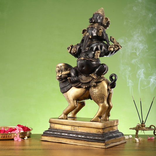 Handcrafted Heramba Ganapati Statue | Fine Brass | Black and Golden Finish - Budhshiv.com