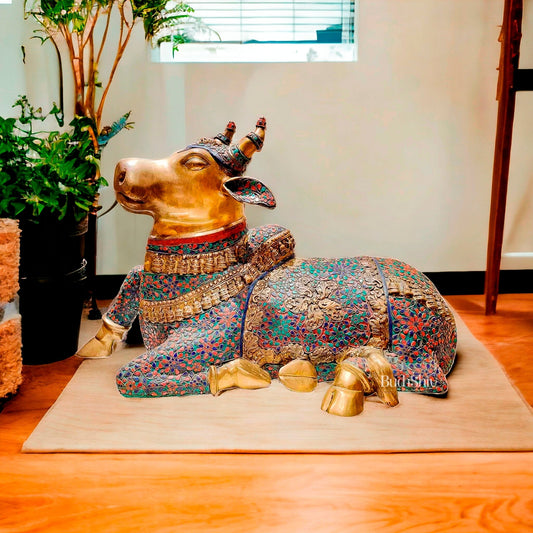 Handcrafted Large Nandi Bull Statue with Natural Stones and Pure Brass Wirework - 21x35x15 inch - Budhshiv.com