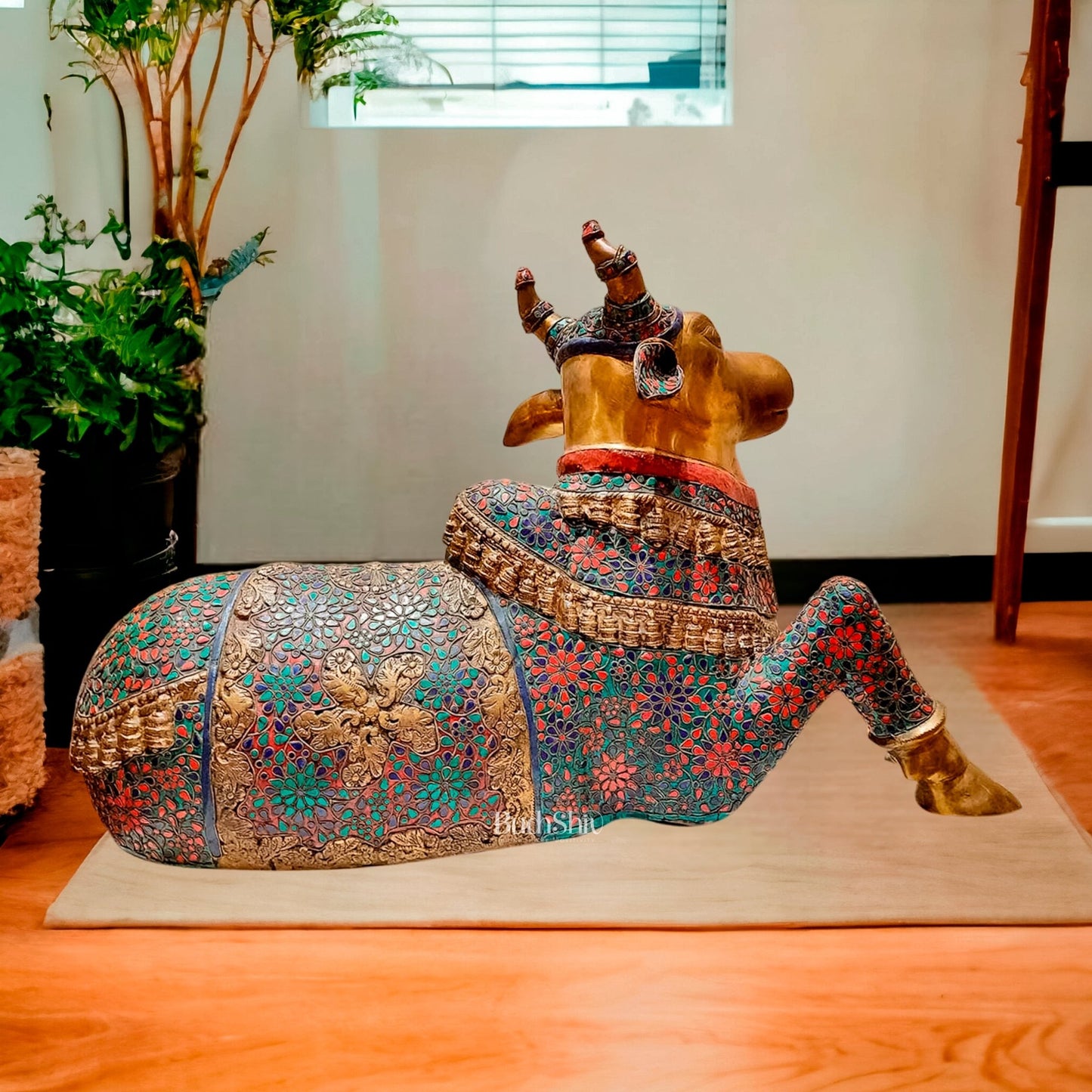 Handcrafted Large Nandi Bull Statue with Natural Stones and Pure Brass Wirework - 21x35x15 inch - Budhshiv.com