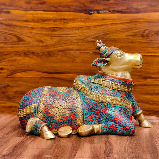 Handcrafted Large Nandi Bull Statue with Natural Stones and Pure Brass Wirework - 21x35x15 inch - Budhshiv.com