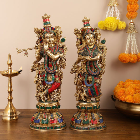 Handcrafted Pure Brass Radha Krishna Statues - 21" - Budhshiv.com
