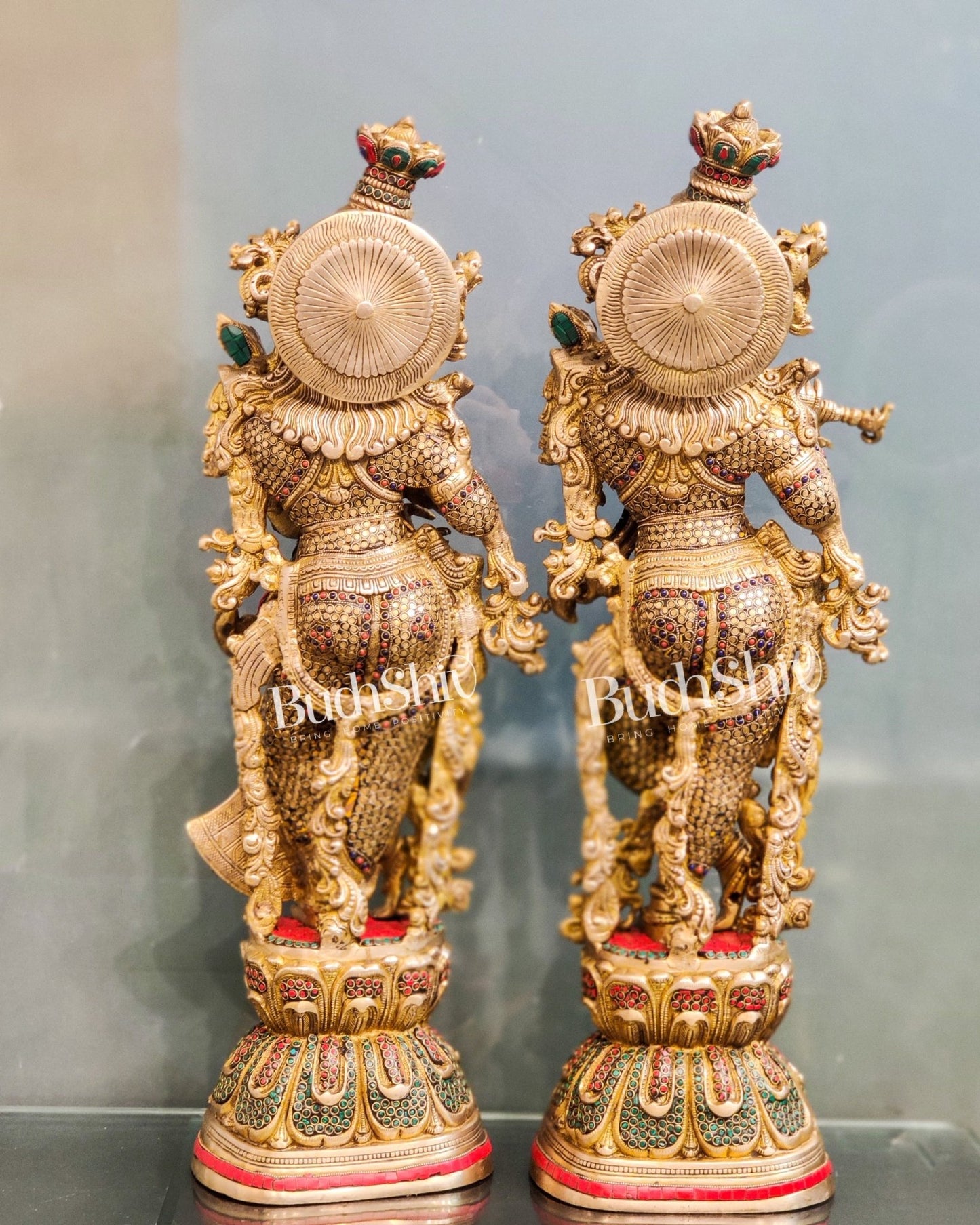 Handcrafted Radha Krishna Idol with Meenakari Stonework 30" - Budhshiv.com