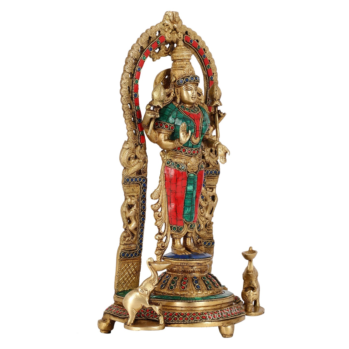 Handcrafted Superfine Brass Goddess Lakshmi Statue with Intricate Stonework | 16" Height - Budhshiv.com