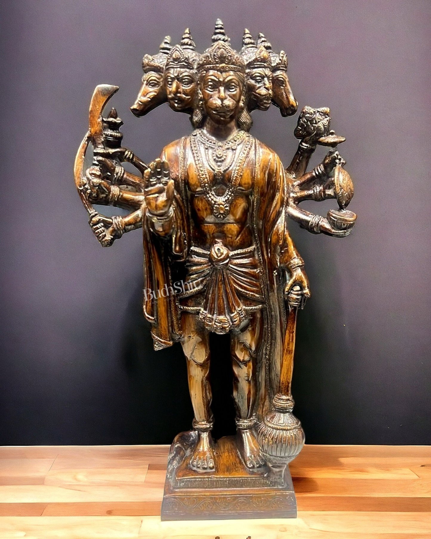 Handcrafted Superfine Brass Panchmukhi Hanuman idol | Standing Tall | 14" Height - Budhshiv.com