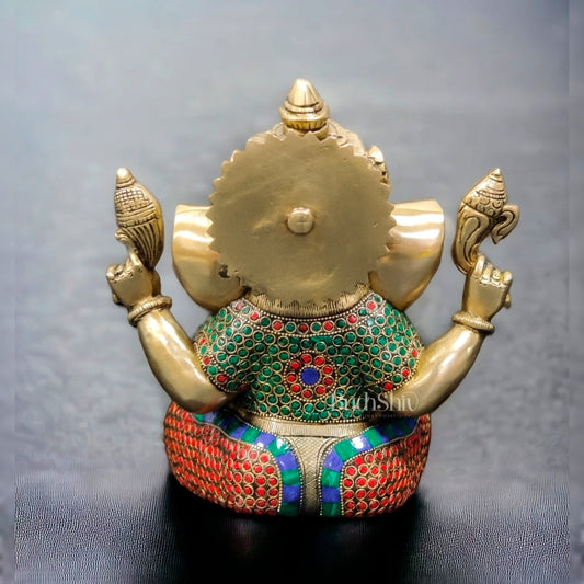 Handcrafted Taj Ganesha Statue - Brass with Stonework, 9 inches - Budhshiv.com
