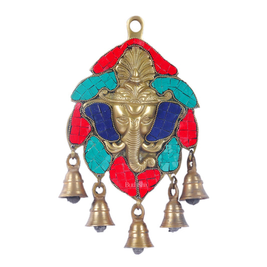 Handmade Pure Brass Ganesh Face Wall Hanging with Bells 10" Stonework - Budhshiv.com