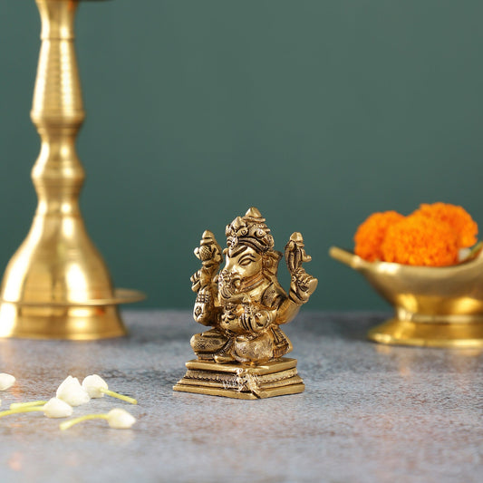 Intricately Crafted Brass Ganesha Idol | Height 3.5 inches | - Budhshiv.com