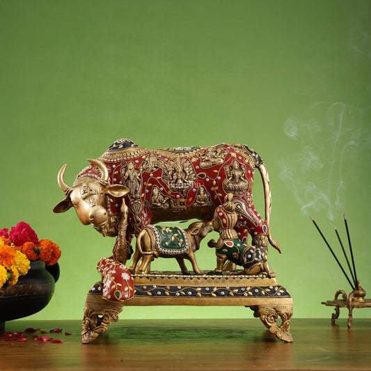 Kamadhenu Cow and Calf Brass Idol 14 inch - Budhshiv.com
