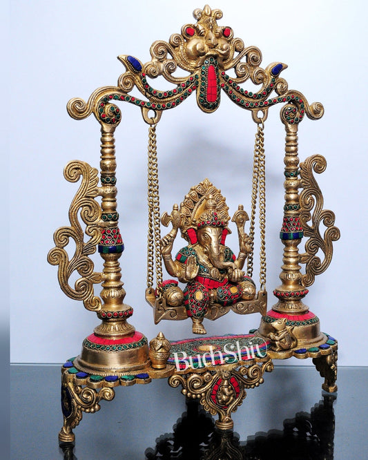 Kirtimukha Ganesha Swing - Superfine Brass, Meenakari Stonework, Handcrafted - 20 inches - Budhshiv.com