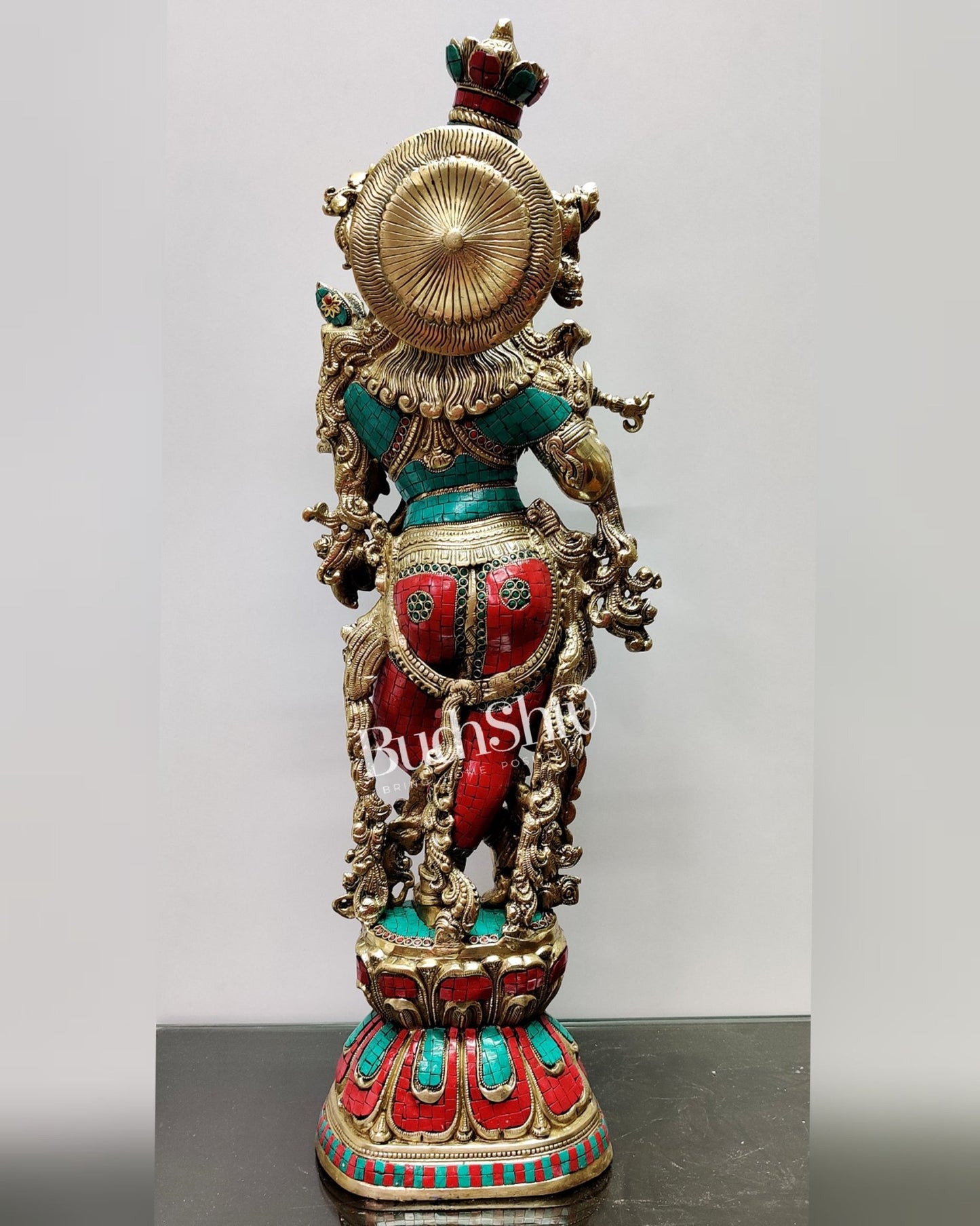 Krishna Brass Idol 29 inches | Unique Inlay Stonework | Handcrafted Brass idol - Budhshiv.com