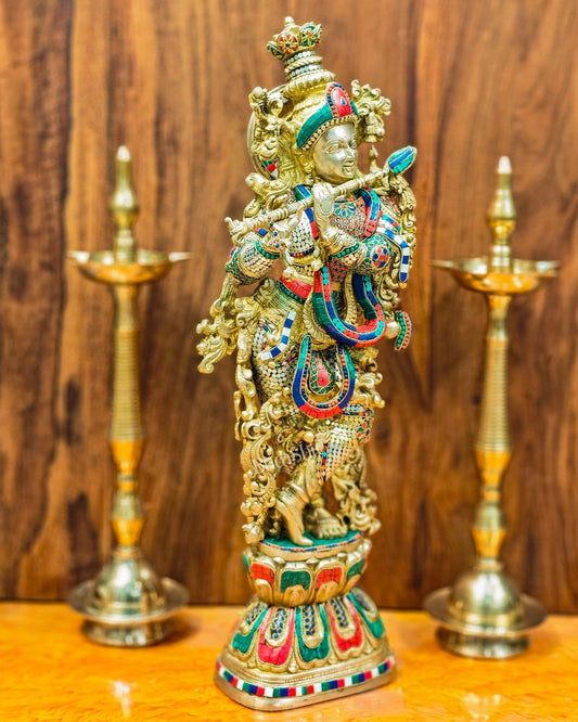 Krishna Brass Idol 29 inches | Unique Inlay Stonework | Handcrafted Brass idol - Budhshiv.com