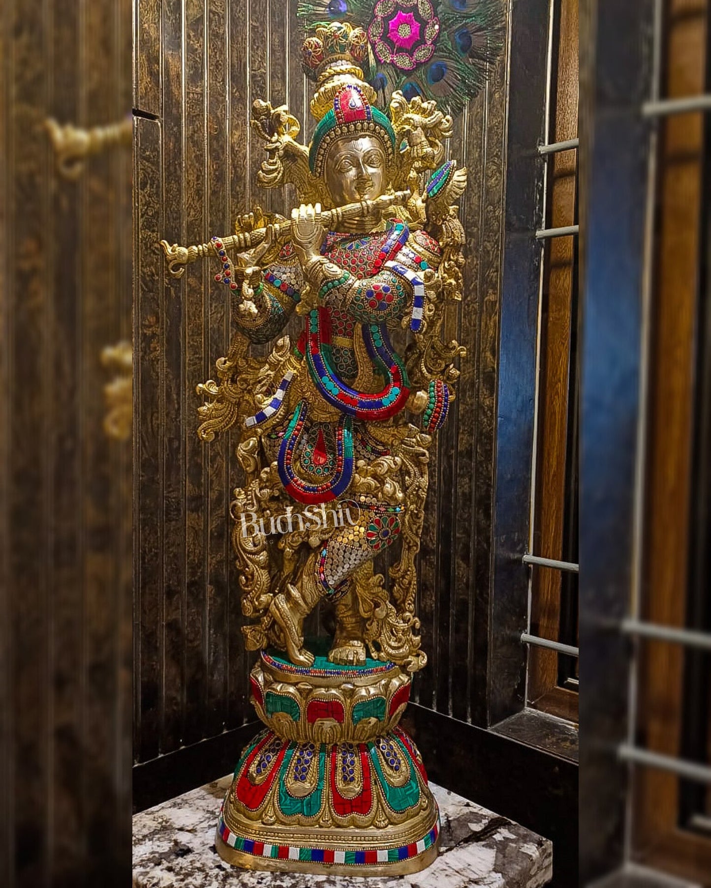 Krishna Brass Idol 29 inches | Unique Inlay Stonework | Handcrafted Brass idol - Budhshiv.com