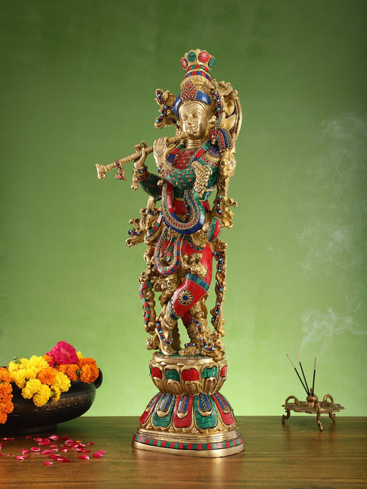 Krishna brass statue 29 inch multi coloured stonework - Budhshiv.com