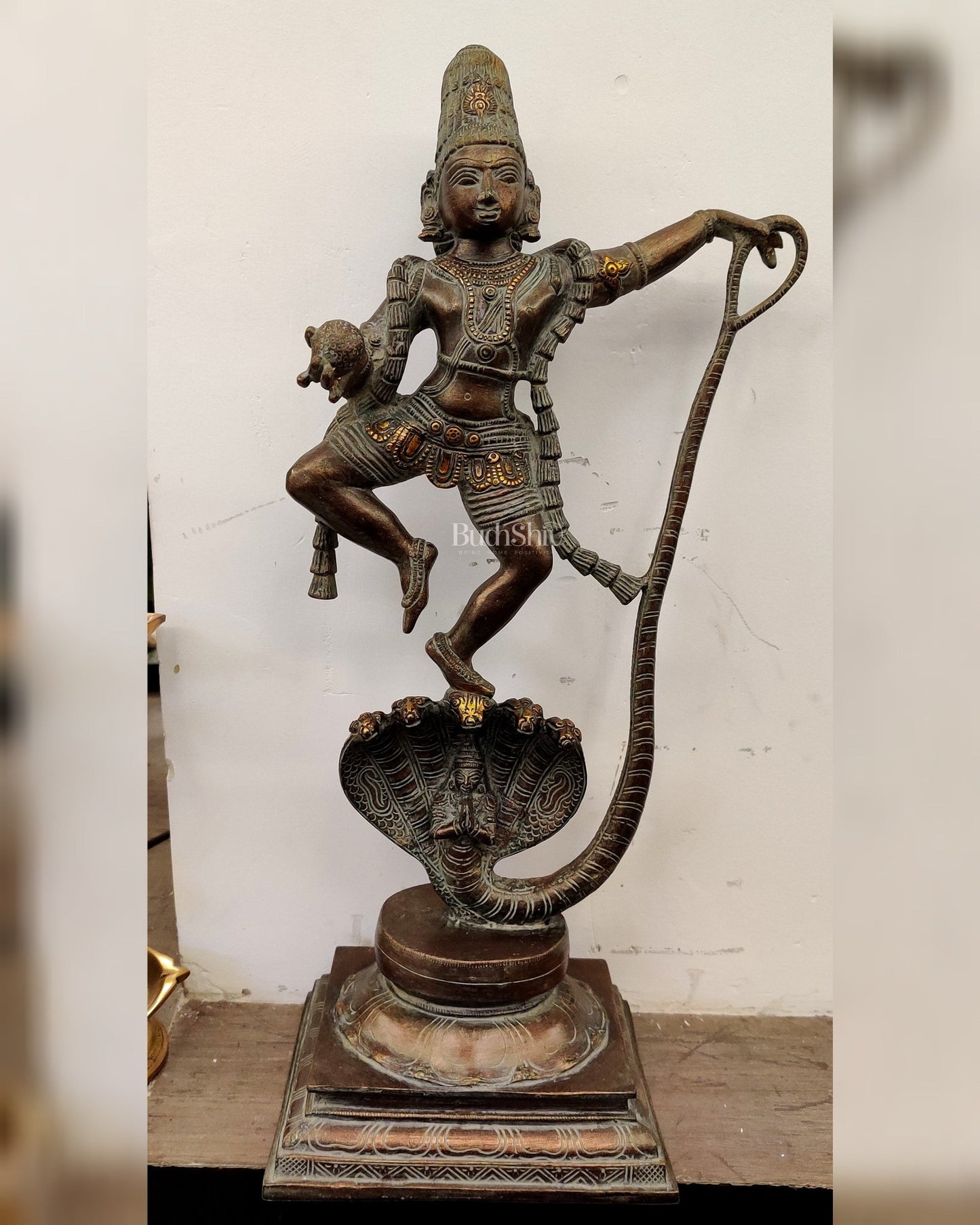 Krishna Dancing on Kaliya Naag: Brass Idol 20" - Budhshiv.com