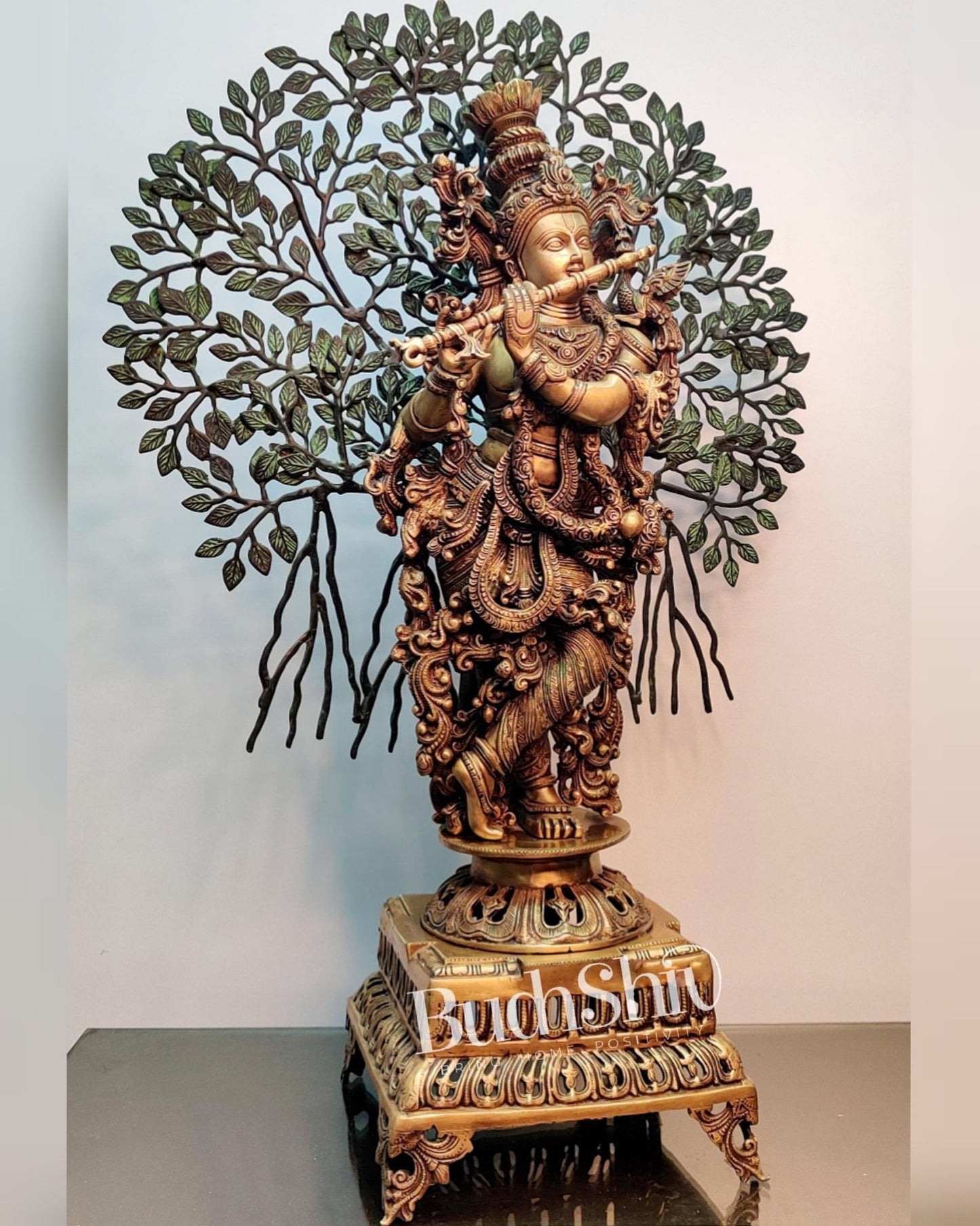Krishna Muralidhari Superfine Brass Idol 36 inches With Kalpavriksha tree - Budhshiv.com