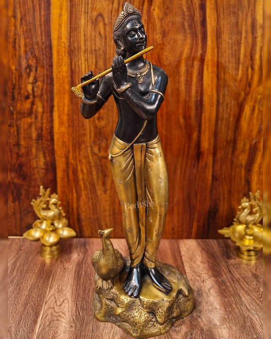 Krishna Murlidhar Brass Idol | Height 29 Inches | Black and Gold Finish - Budhshiv.com