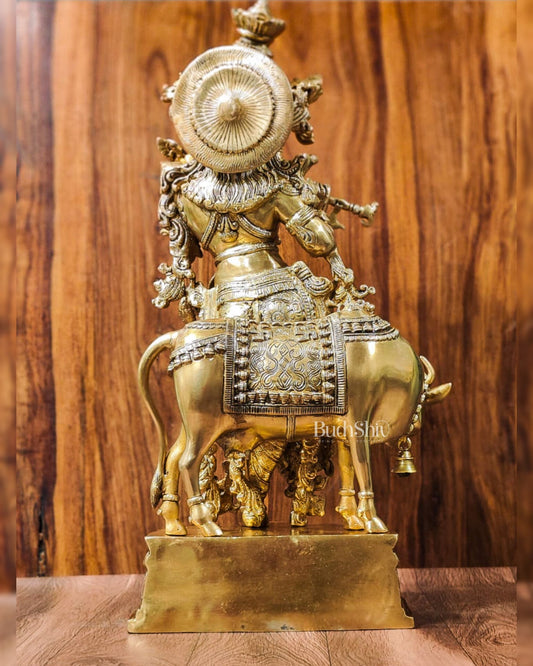 Krishna Playing the Flute with Cow 26" - Budhshiv.com