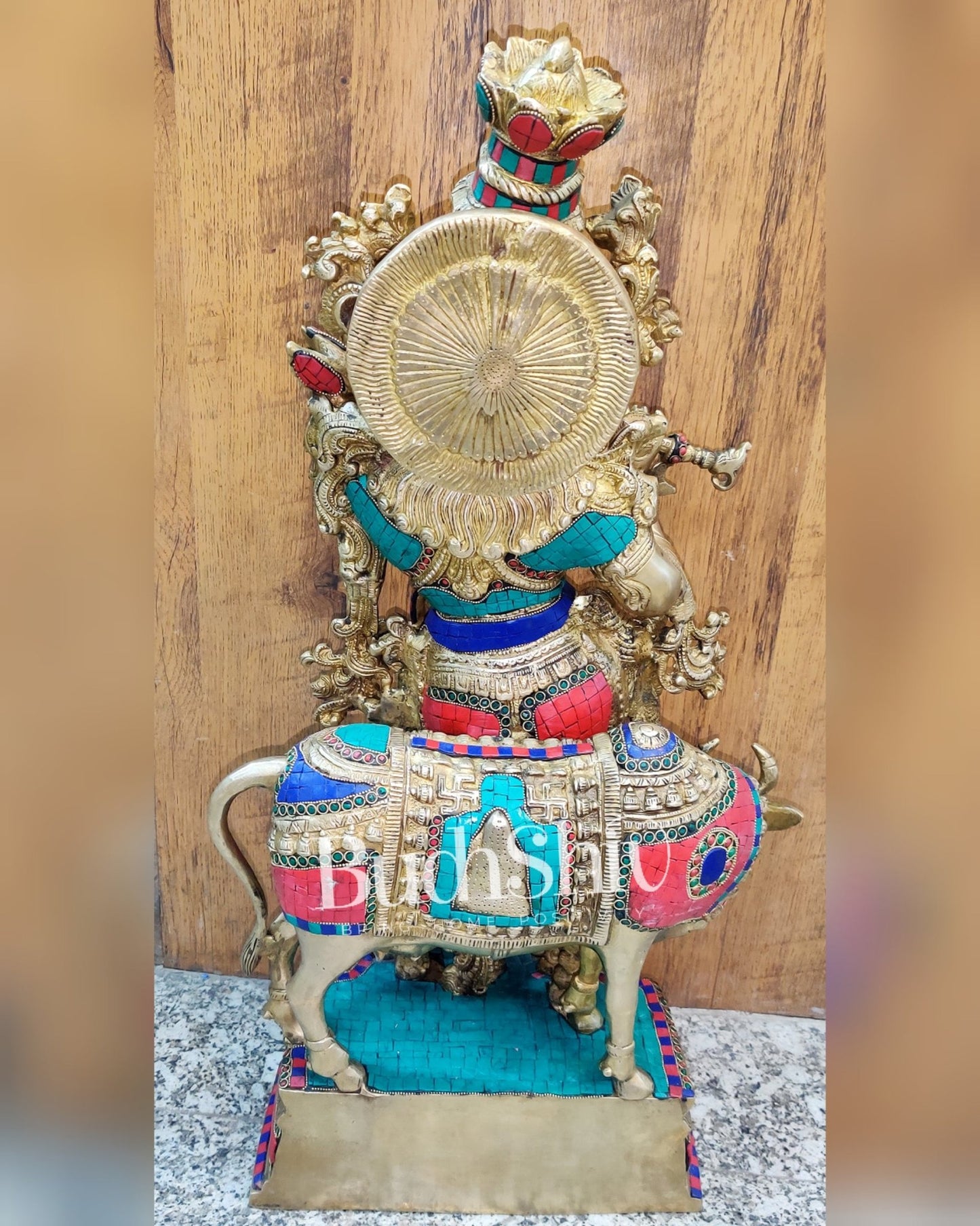 Krishna Playing the Flute with Cow 27 inches Brass idol - Budhshiv.com