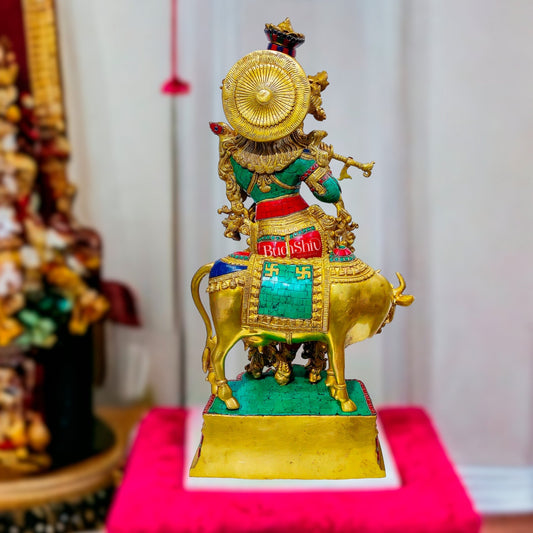 Krishna Playing the Flute with Cow 27 inches Brass idol - Budhshiv.com