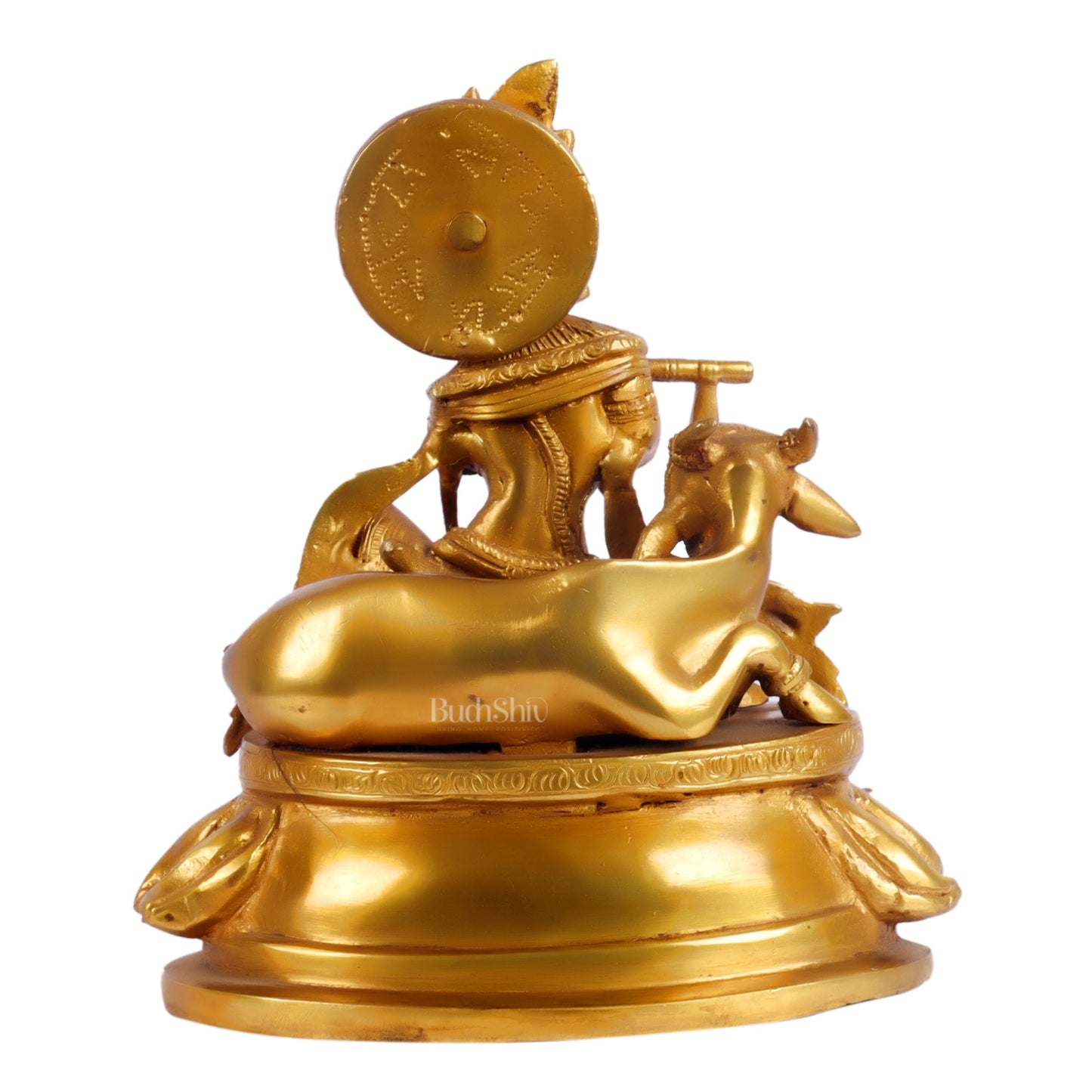 Krishna seated with a cow brass idol 8.5 inch - Budhshiv.com