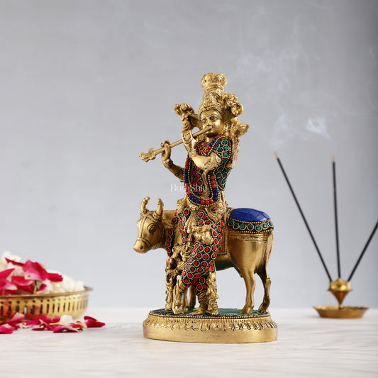 Krishna with cow 10 inch Brass Idol with stonework - Budhshiv.com