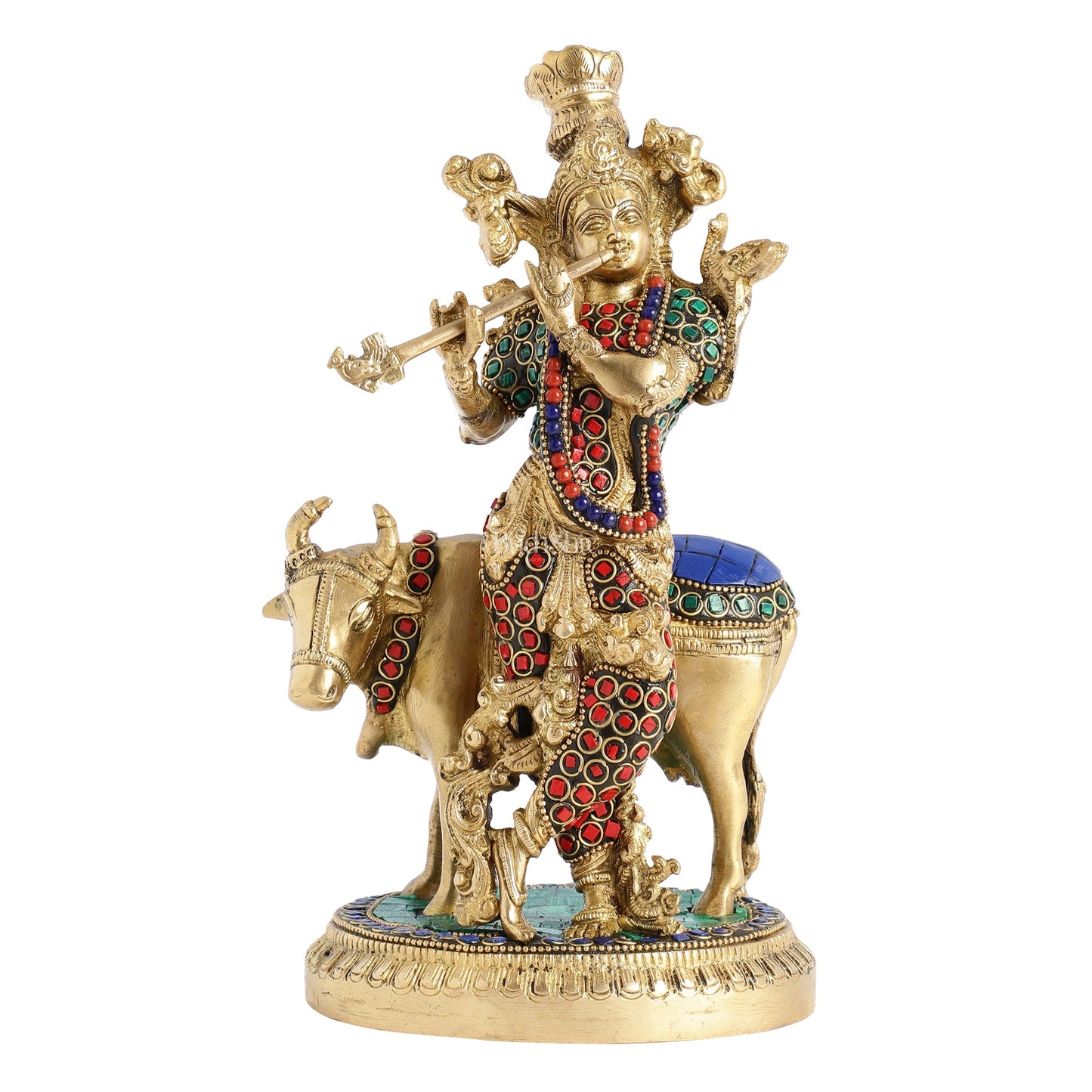 Krishna with cow 10 inch Brass Idol with stonework - Budhshiv.com