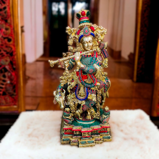 Krishna With Cow 28 inches brass idol with stonework - Budhshiv.com