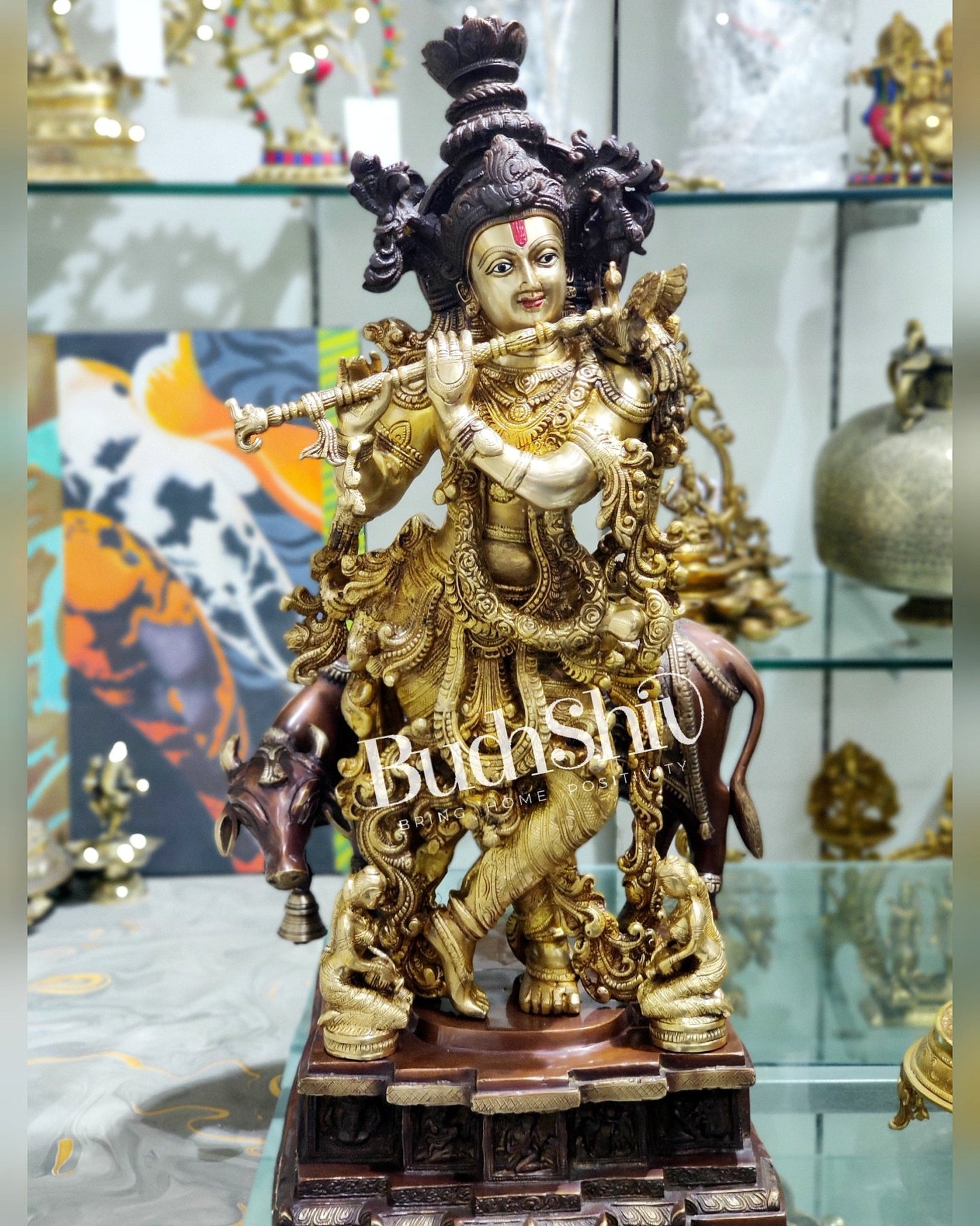 Krishna With Cow 28 inches brass idol - Budhshiv.com
