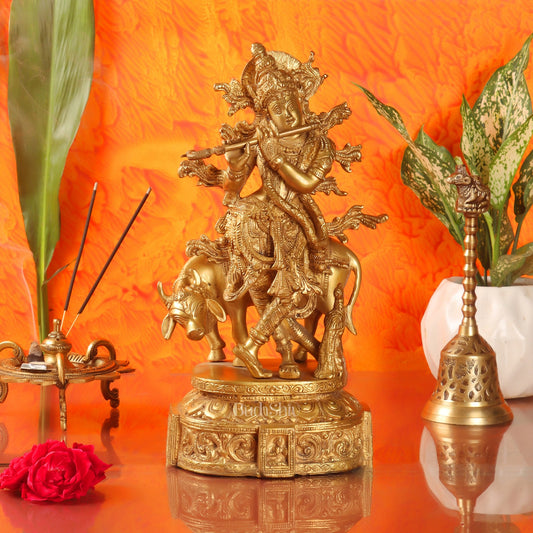 Krishna with cow and Peacock Brass Statue 12 inch - Budhshiv.com