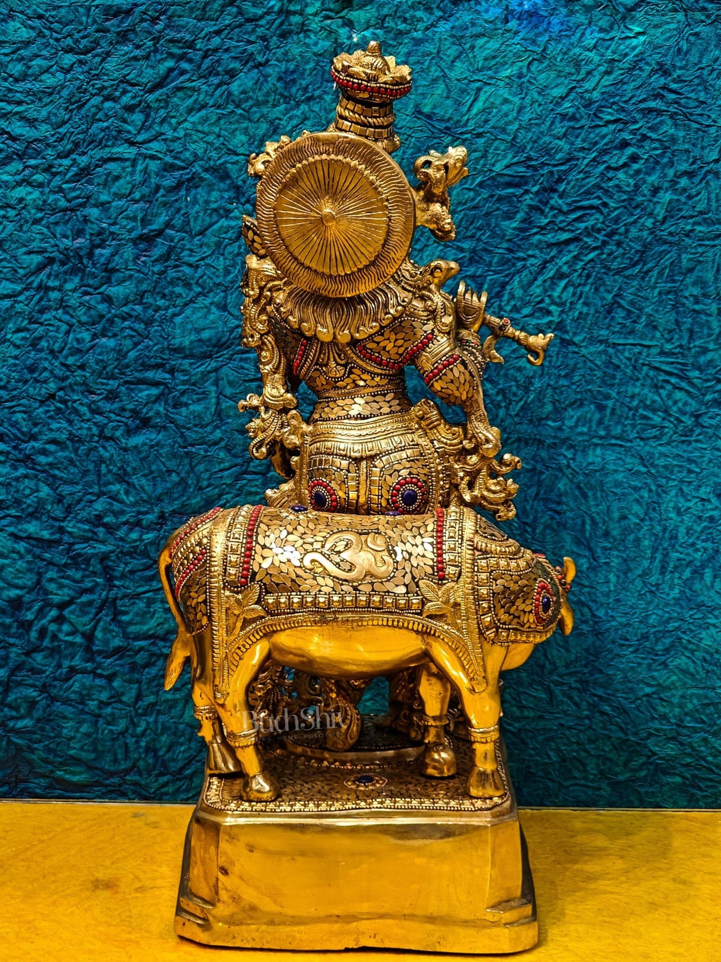 Krishna with cow Brass Idol with Brass Chipwork and Stonework 29 inch - Budhshiv.com