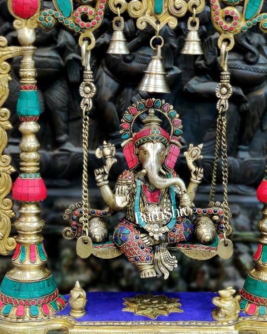 Kritimukha Brass Ganesha on swing with inlay stonework - Budhshiv.com