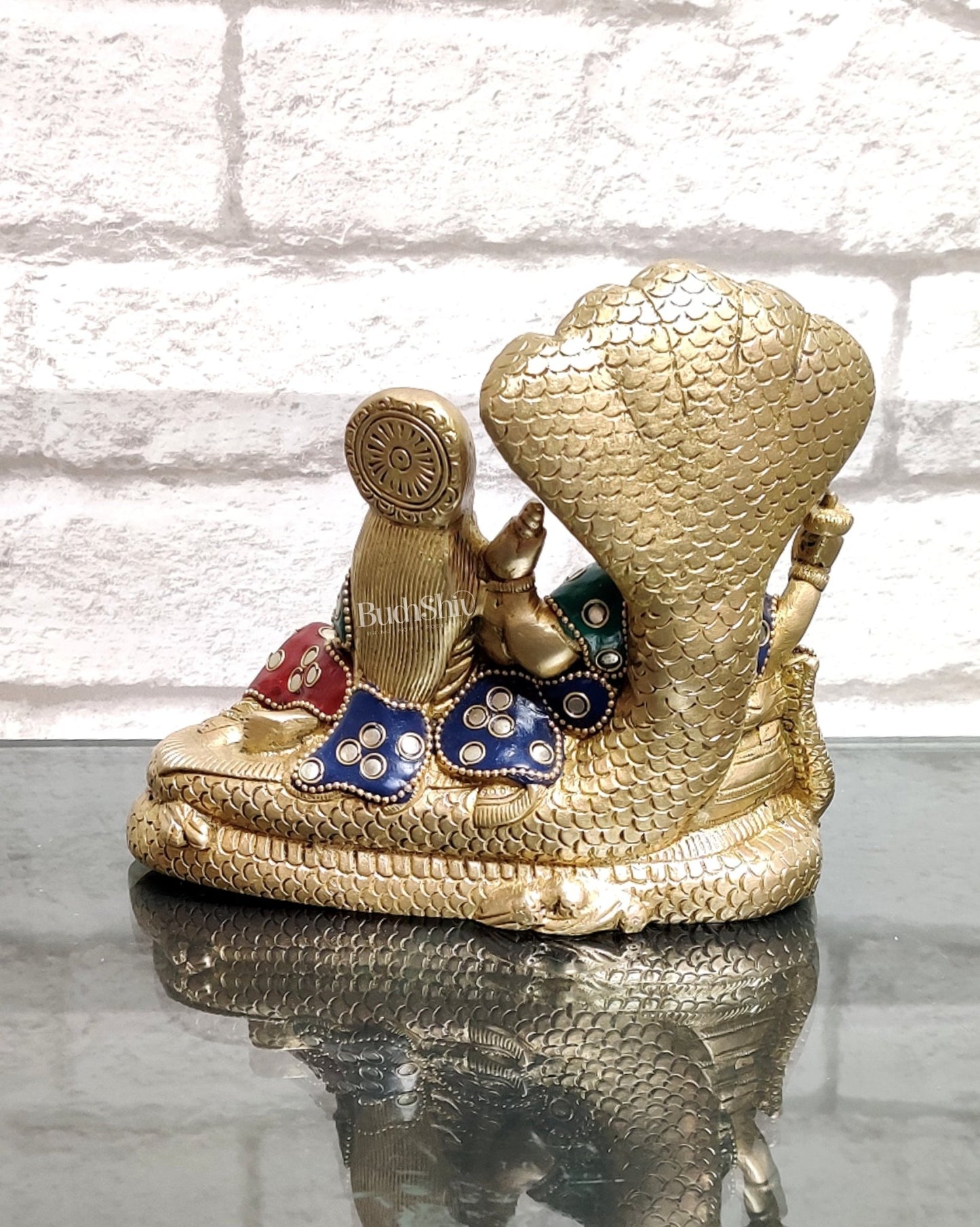 Lakshmi Narayan/ Vishnu Lakshmi brass idol resting on Sheshnaag Golden finish - Budhshiv.com