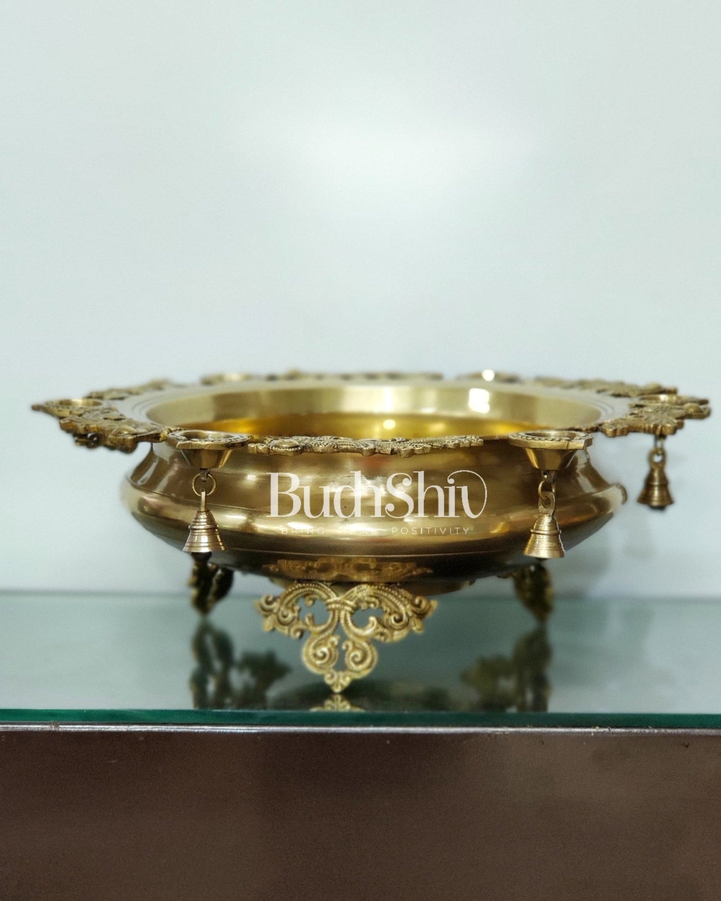 Large Peacock Urli with Diyas and Bells | Magnificent Brass Decor 21" - Budhshiv.com