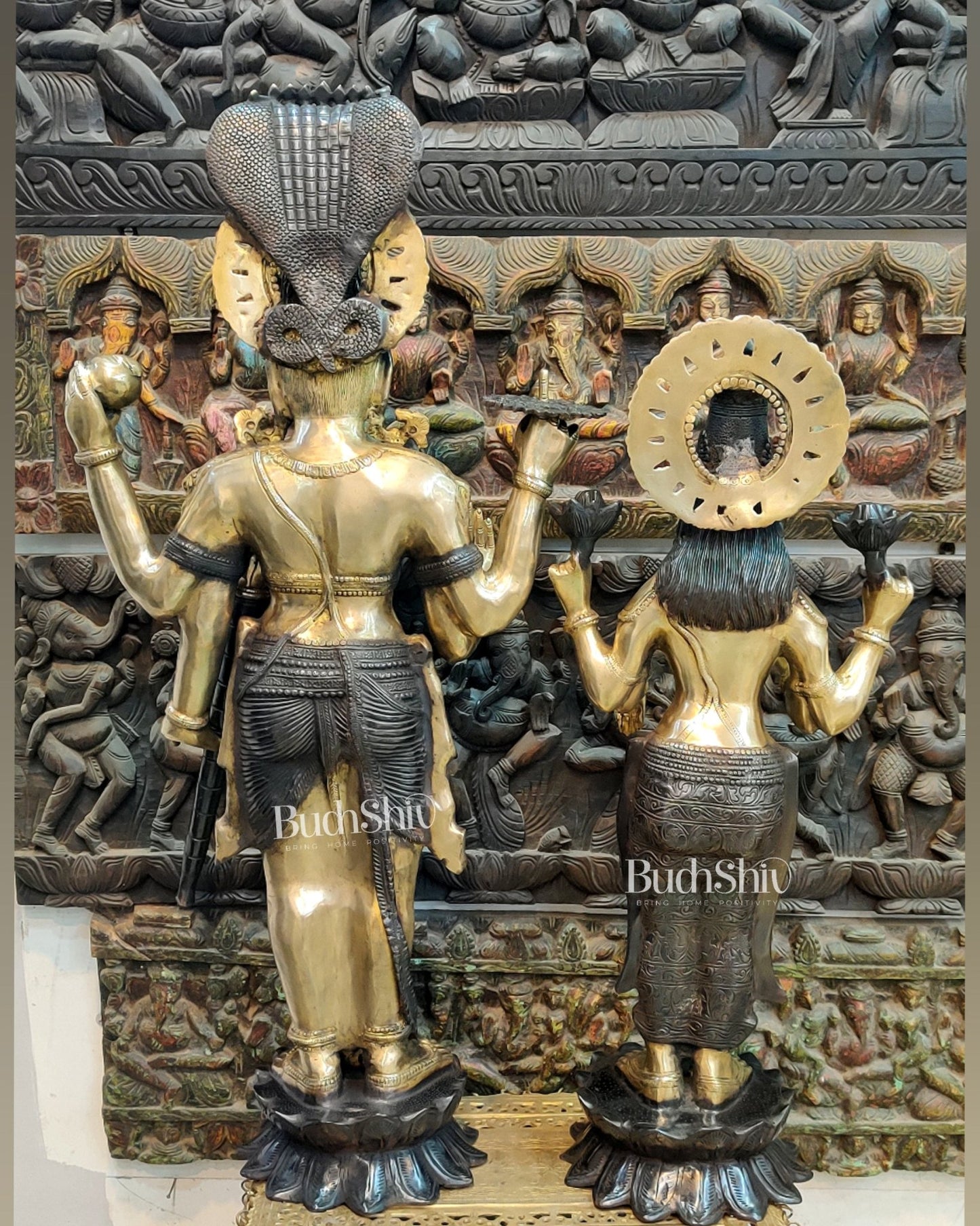 Life-like Brass Idols of Lord Vishnu and Goddess Lakshmi | Superfine Handcrafted with Duel Tone Contrast 40" - Budhshiv.com