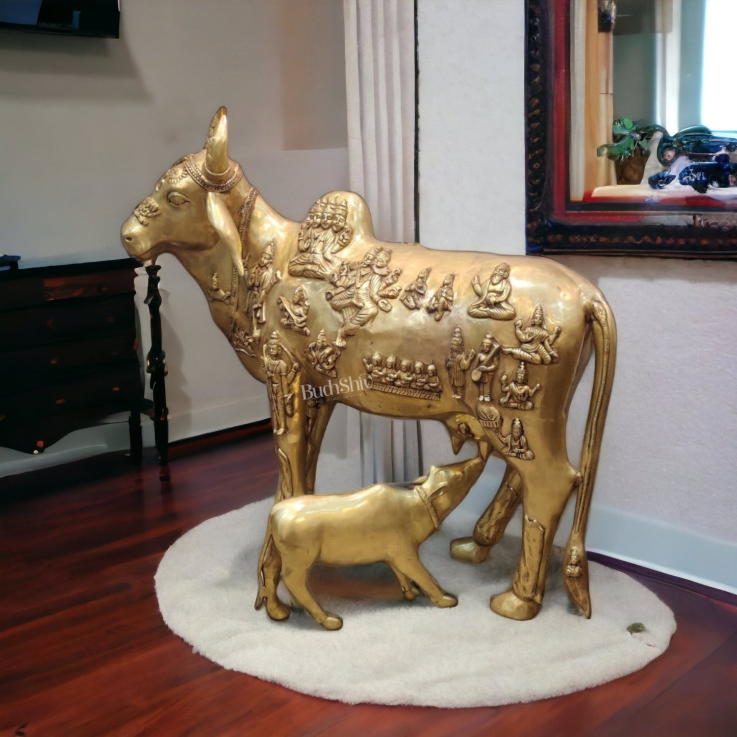 Life-like Brass Kamdhenu Cow with Calf Idols | Majestic Home Decor | 48" - Budhshiv.com