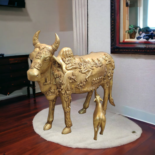 Life-like Brass Kamdhenu Cow with Calf Idols | Majestic Home Decor | 48" - Budhshiv.com