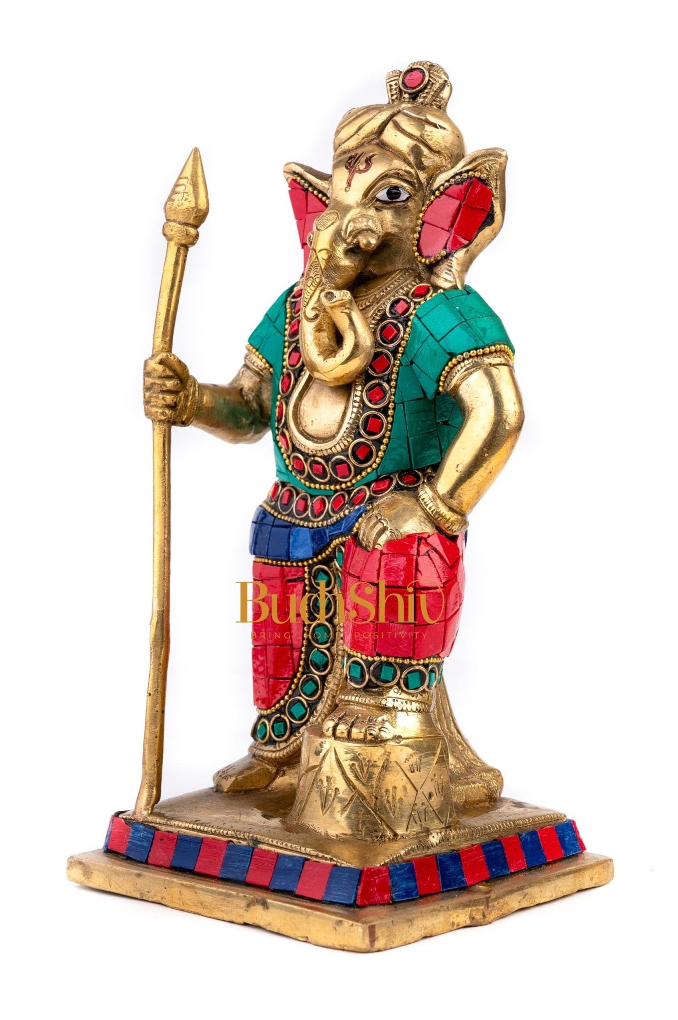 Lord Ganesha with Spear Ganpati Brass Idol | Figure | murti Dressed in Natural Stones - Budhshiv.com