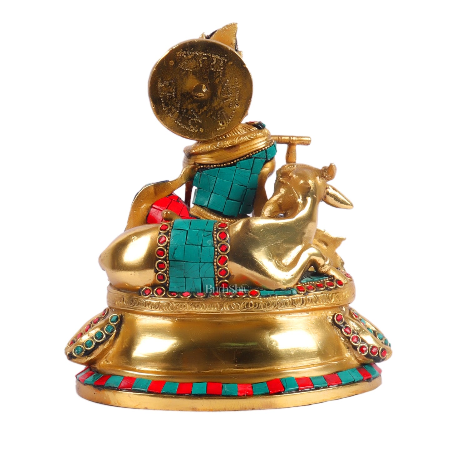 Lord krishna seated with cow brass idol with stonework 7.5 inch - Budhshiv.com
