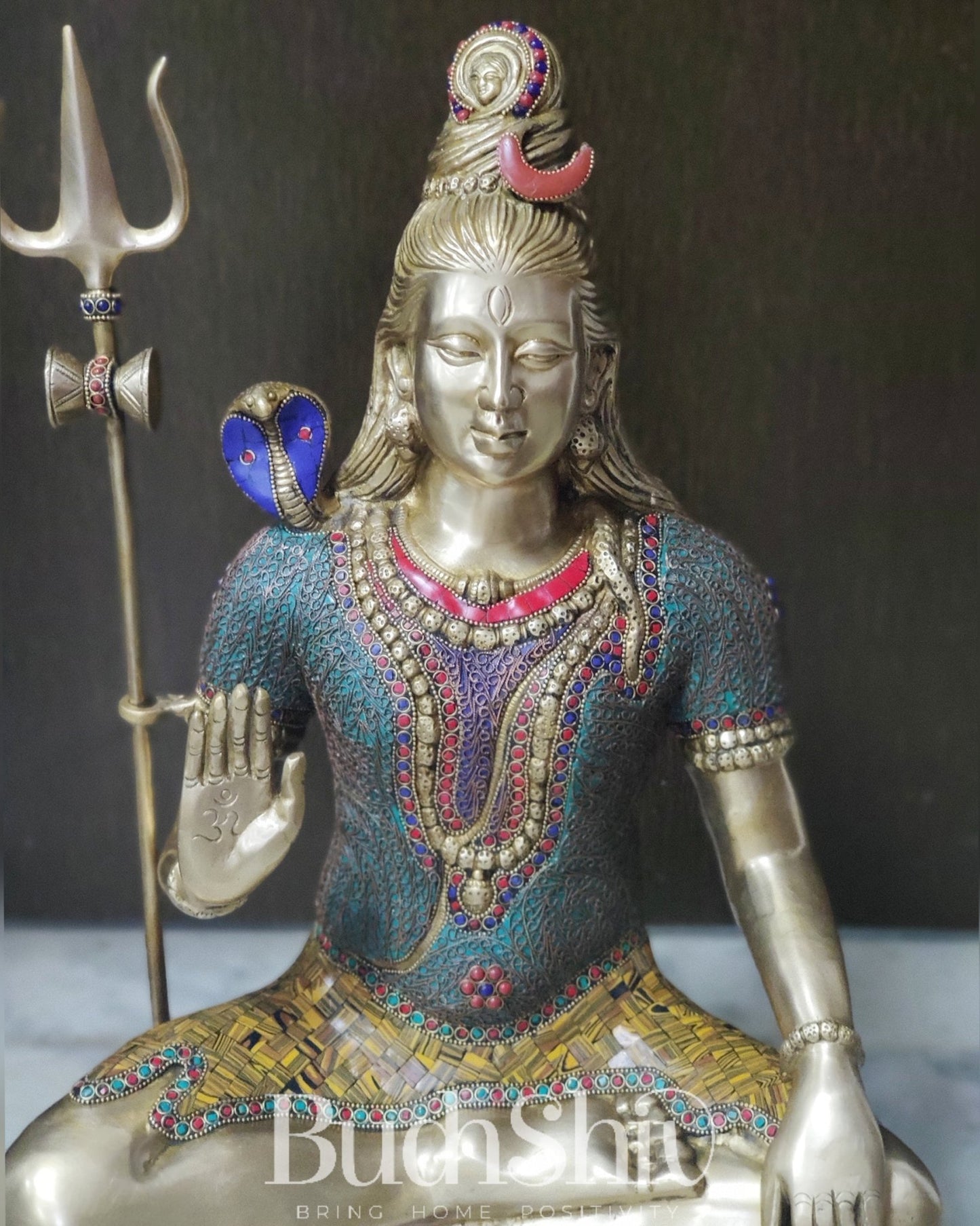 Lord Shiva Brass Idol 22 inches with rings and stonework - Budhshiv.com
