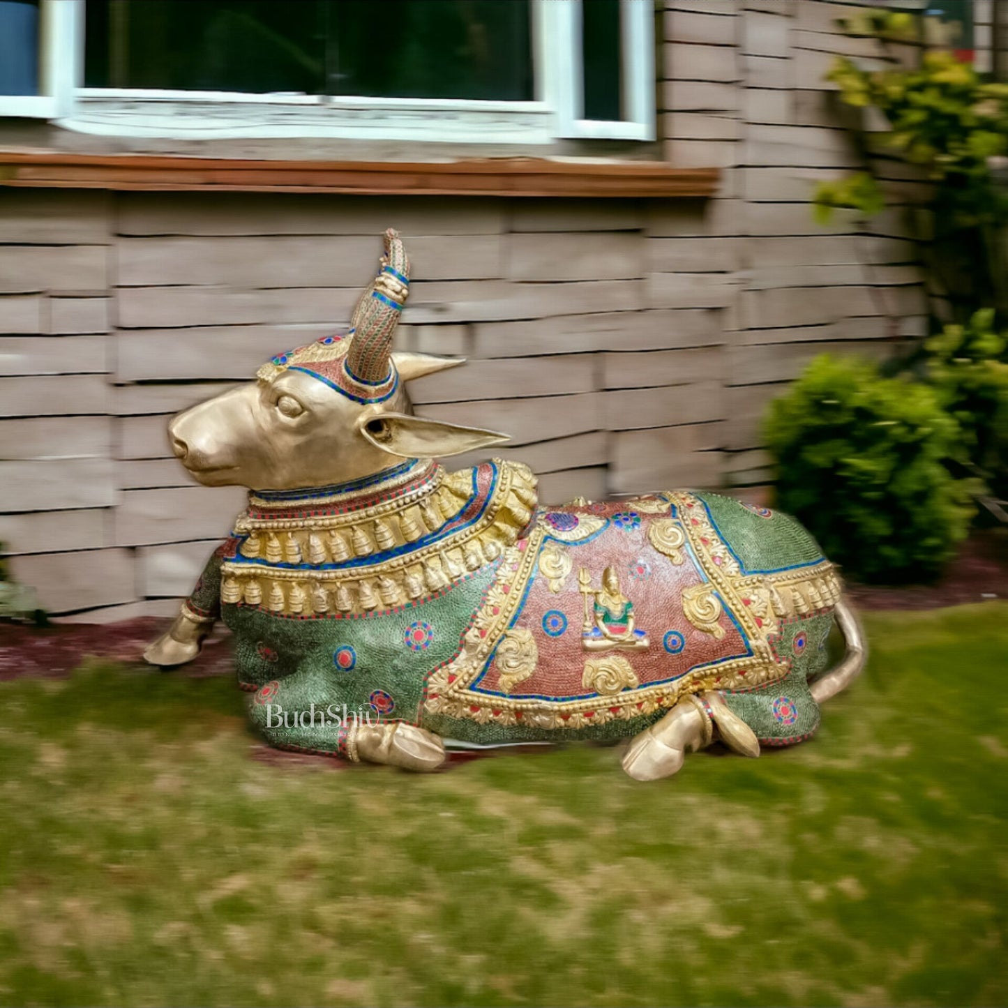Majestic Pure Brass Large Nandi Sculpture Idol Statue with Stonework | 82 inch - Budhshiv.com