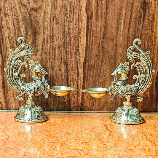 Peacock Brass Oil Lamps | Open Feather Design | Height 8 inches - Budhshiv.com