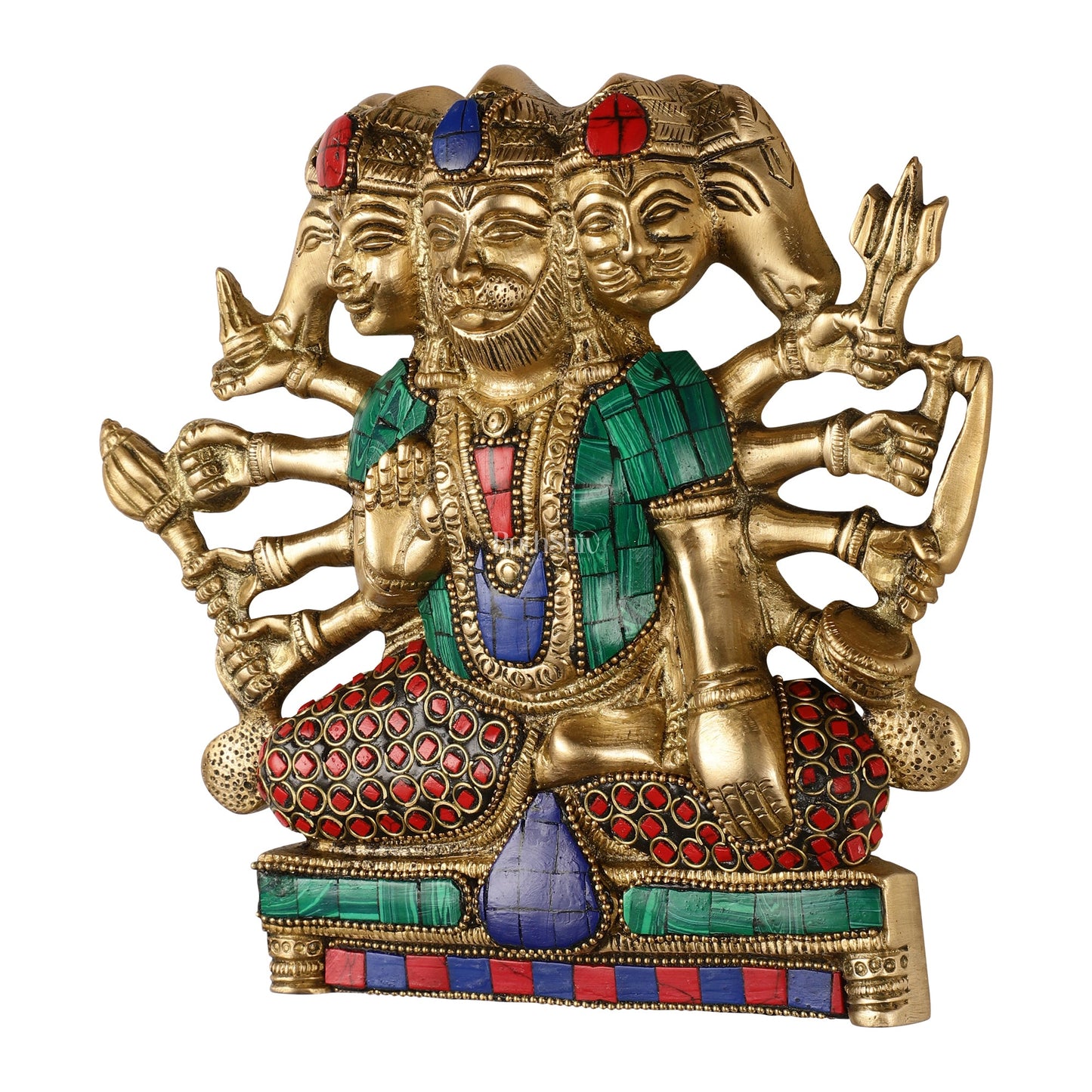 Powerful Panchmukhi Hanuman Brass Wall Hanging | Auspicious & Ward off Evil | 8" with stonework - Budhshiv.com